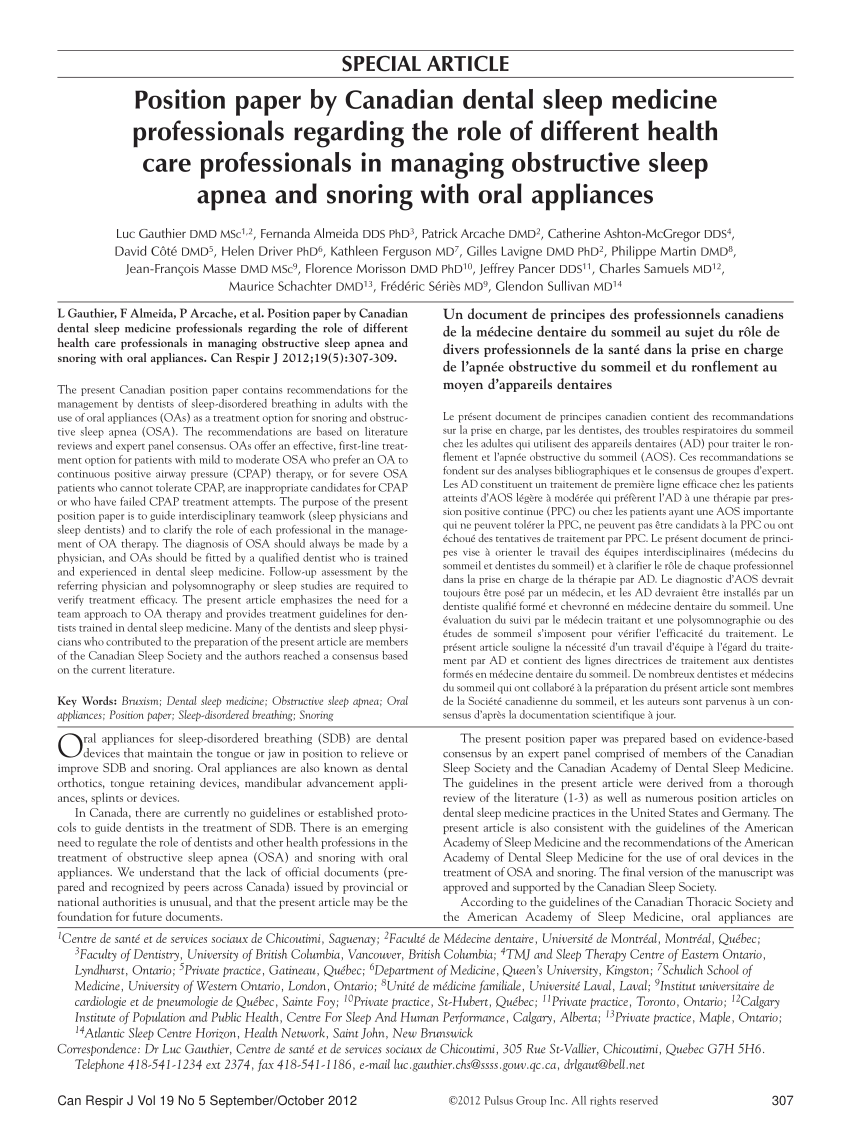 (PDF) Position paper by Canadian dental sleep medicine professionals on