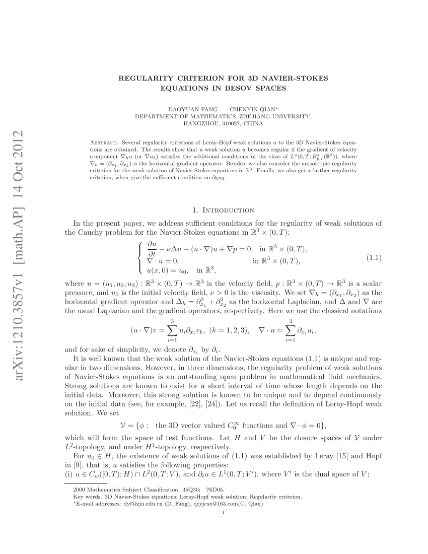 (PDF) Regularity criterion for 3D Navier-Stokes Equations in Besov spaces