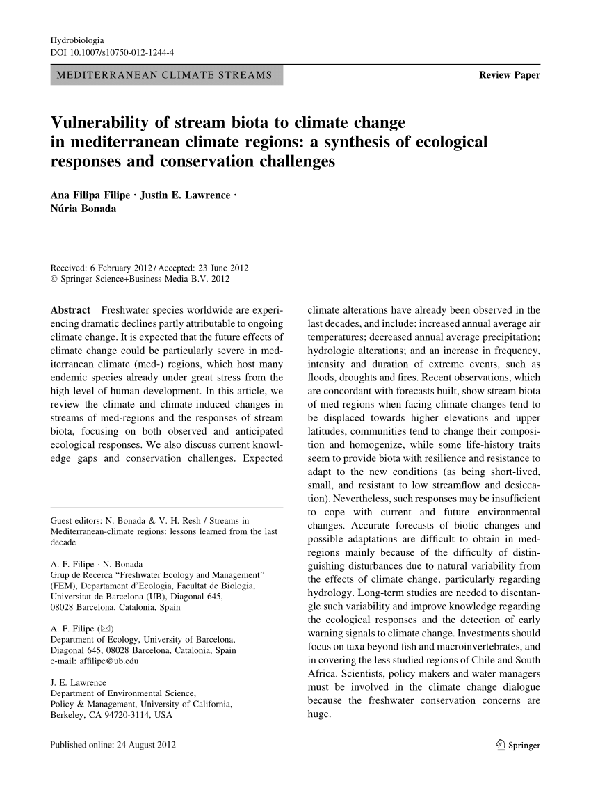 PDF Vulnerability of stream biota to climate change in  