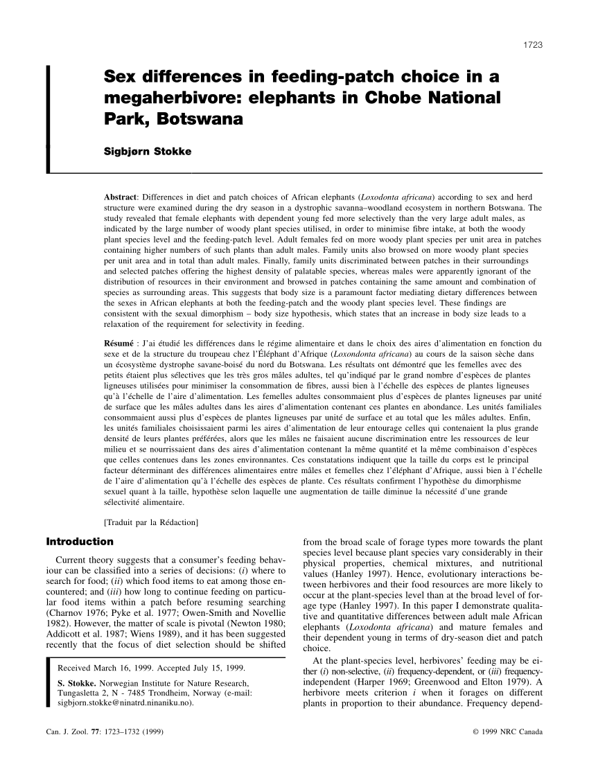 Pdf Sex Differences In Feeding Patch Choice In A Megaherbivore