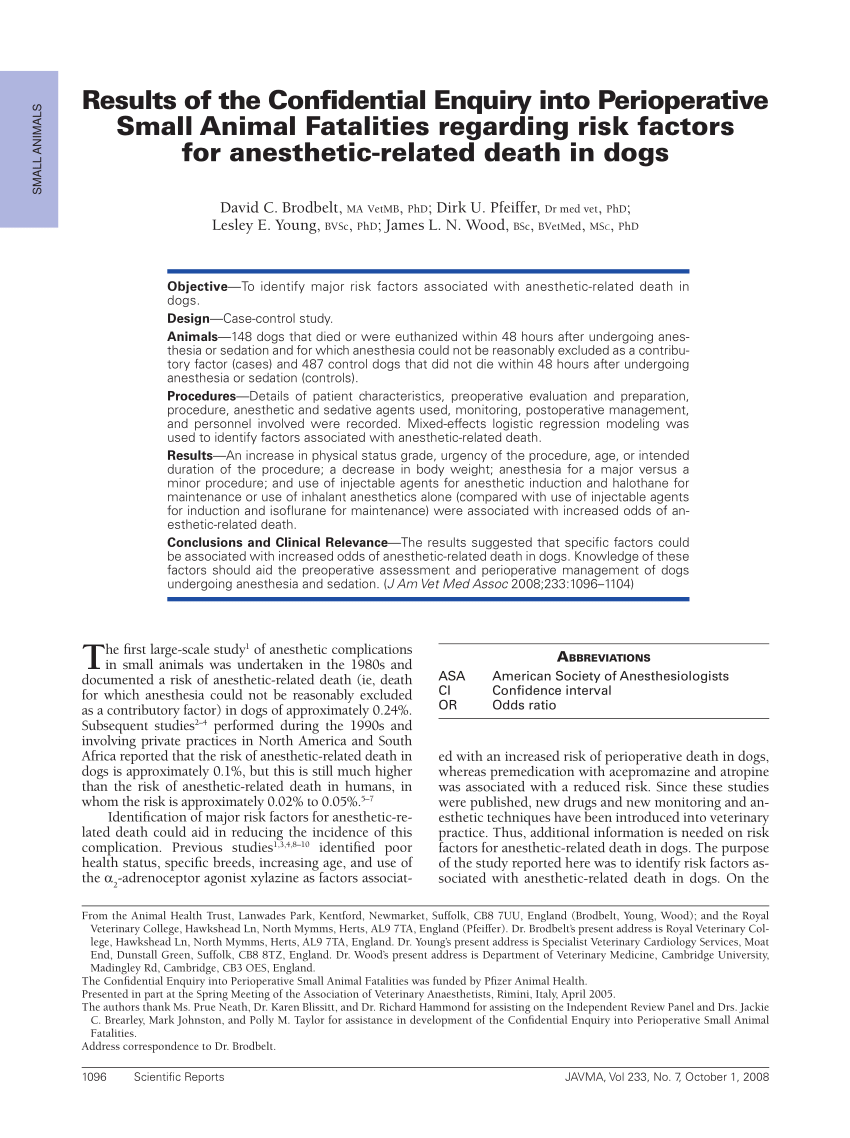 PDF) Risk factors for Anaesthetic-Related Death in Dogs: Results from the  Confidential Enquiry into Perioperative Small Animal Fatalities (CEPSAF).