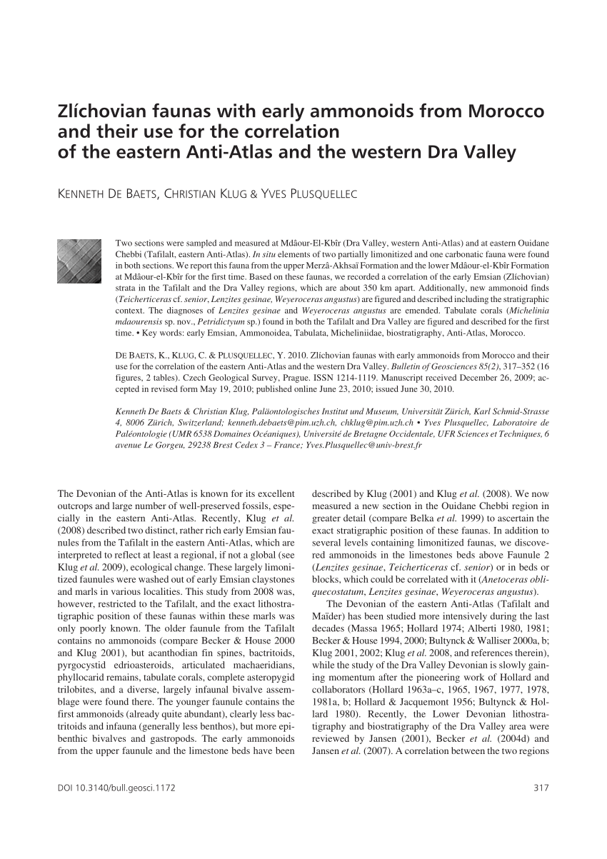 Pdf Zlichovian Faunas With Early Ammonoids And The Correlation Of The Eastern Anti Atlas And The Western Dra Valley Morocco