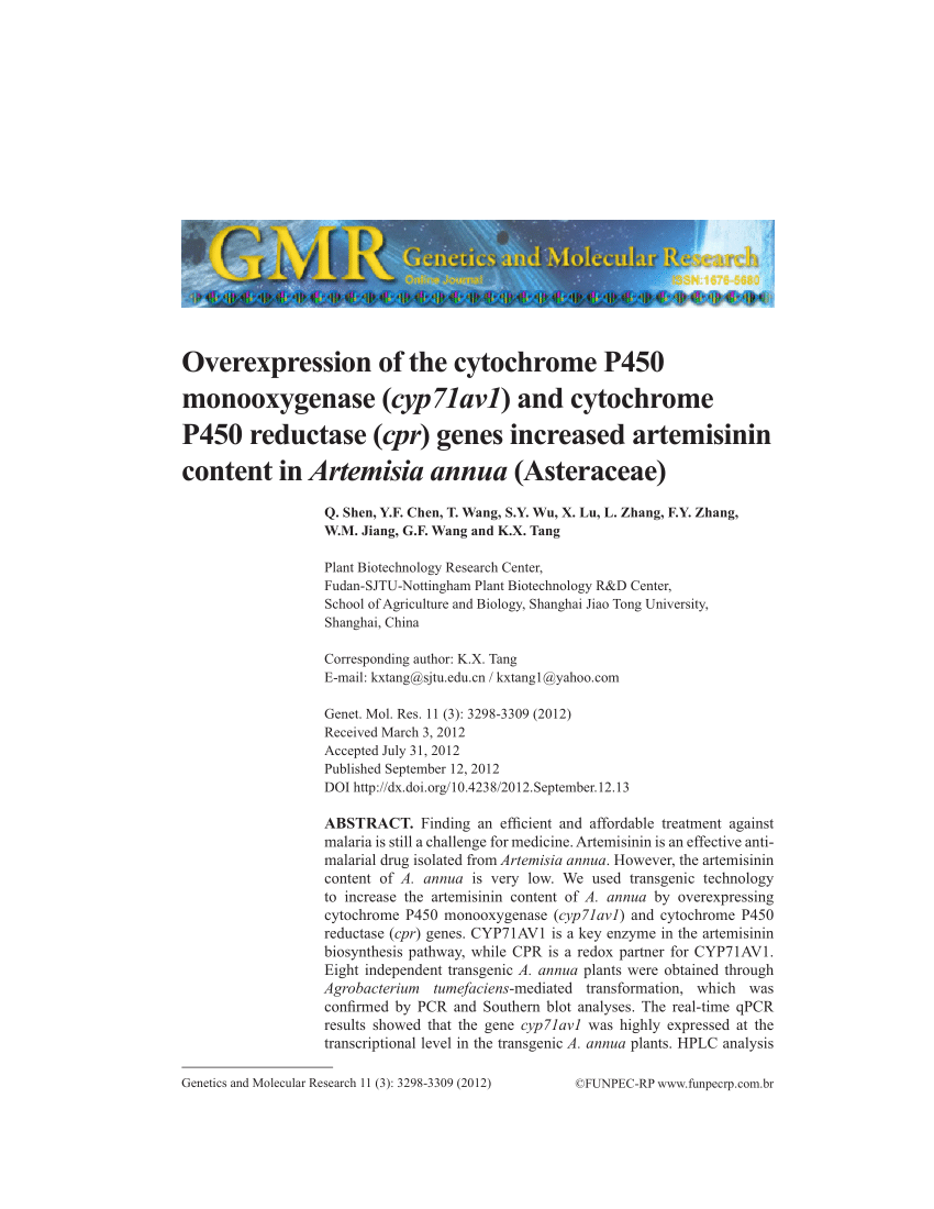 Pdf Overexpression Of The Cytochrome P450 Monooxygenase Cyp71av1 And Cytochrome P450 Reductase Cpr Genes Increased Artemisinin Content In Artemisia Annua Asteraceae