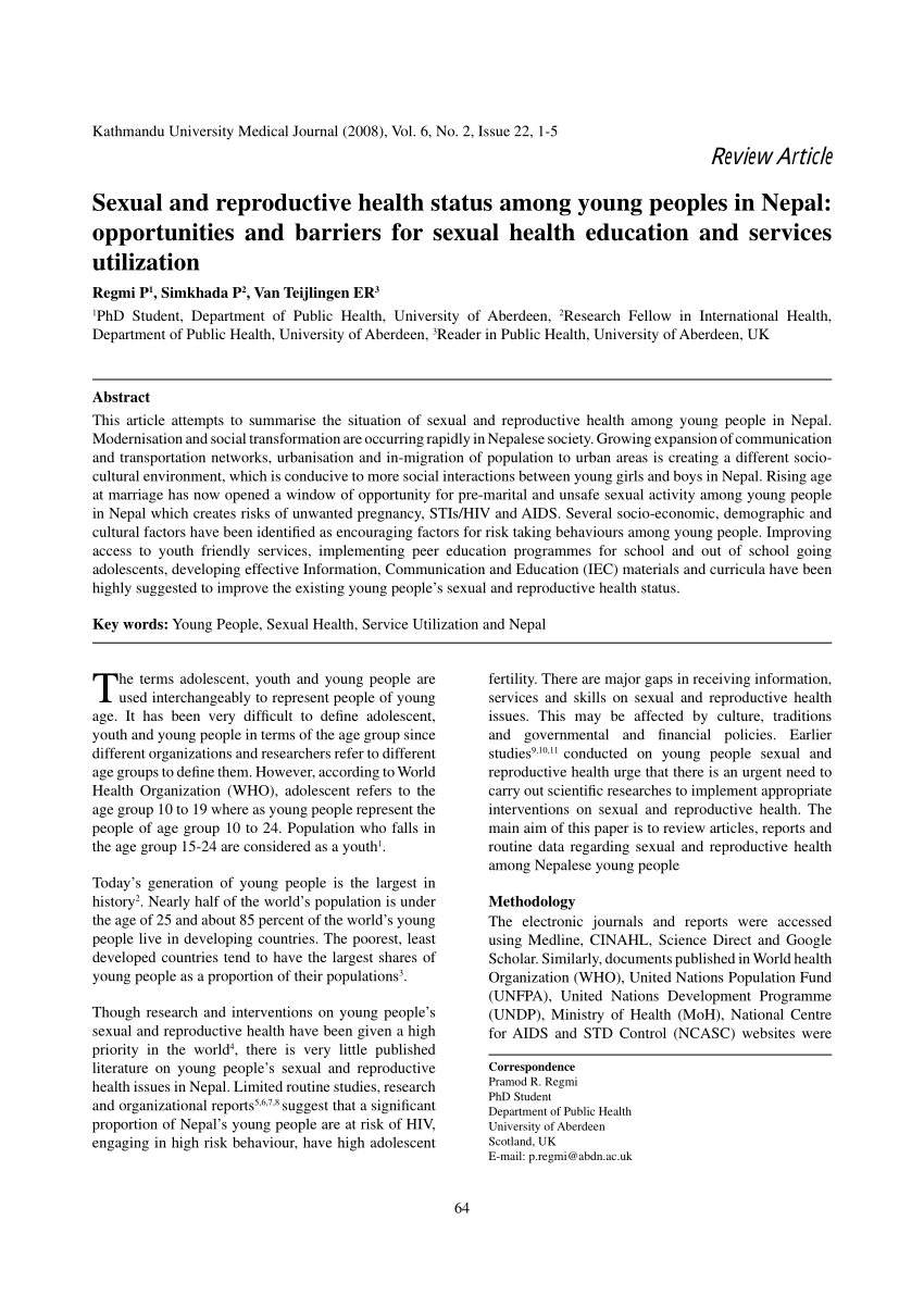 PDF Sexual and Reproductive Health Status among Young Peoples in