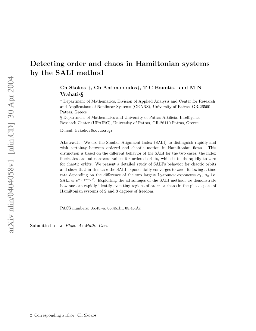 Pdf Detecting Order And Chaos In Hamiltonian Systems By The Sali