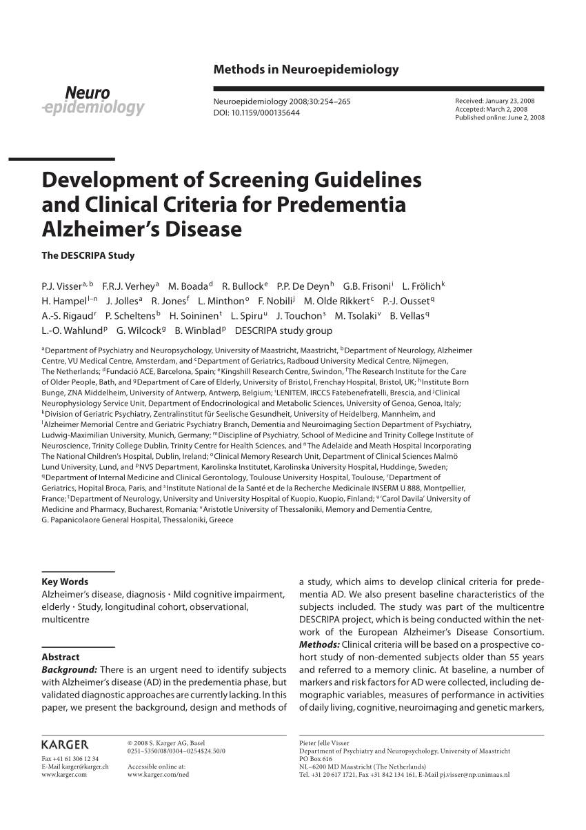 Pdf Development Of Screening Guidelines And Clinical Criteria For Predementia Alzheimer S Disease The Descripa Study