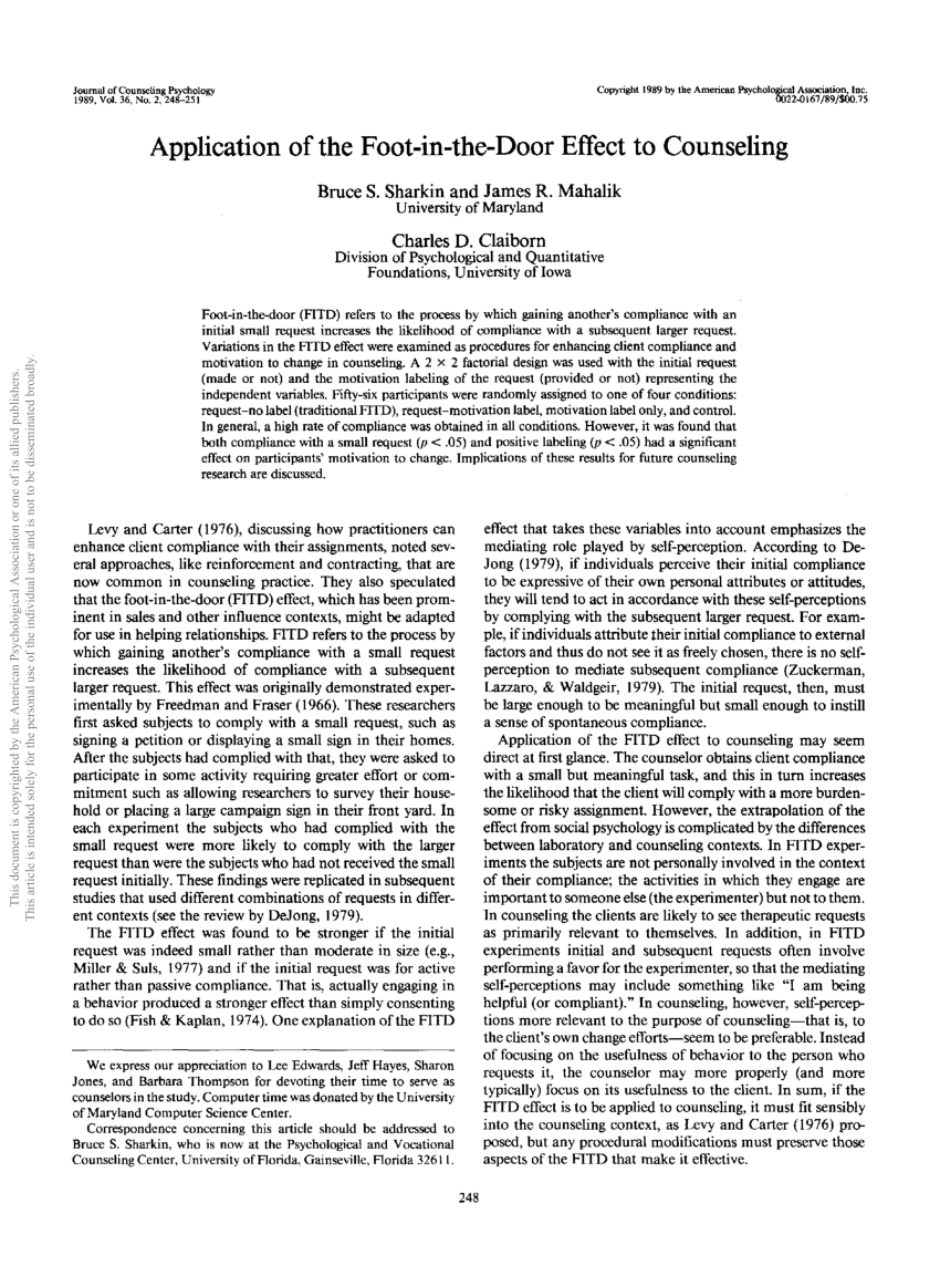 Pdf Application Of The Foot In The Door Effect To Counseling