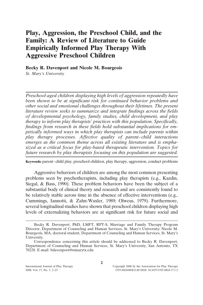 PDF) Play, Aggression, the Preschool Child, and the Family A Review of Literature to Guide Empirically Informed Play Therapy With Aggressive Preschool Children