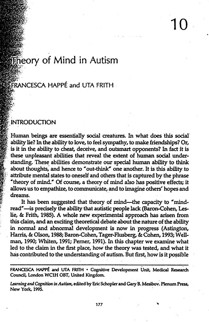 mindblindness an essay on autism and theory of mind