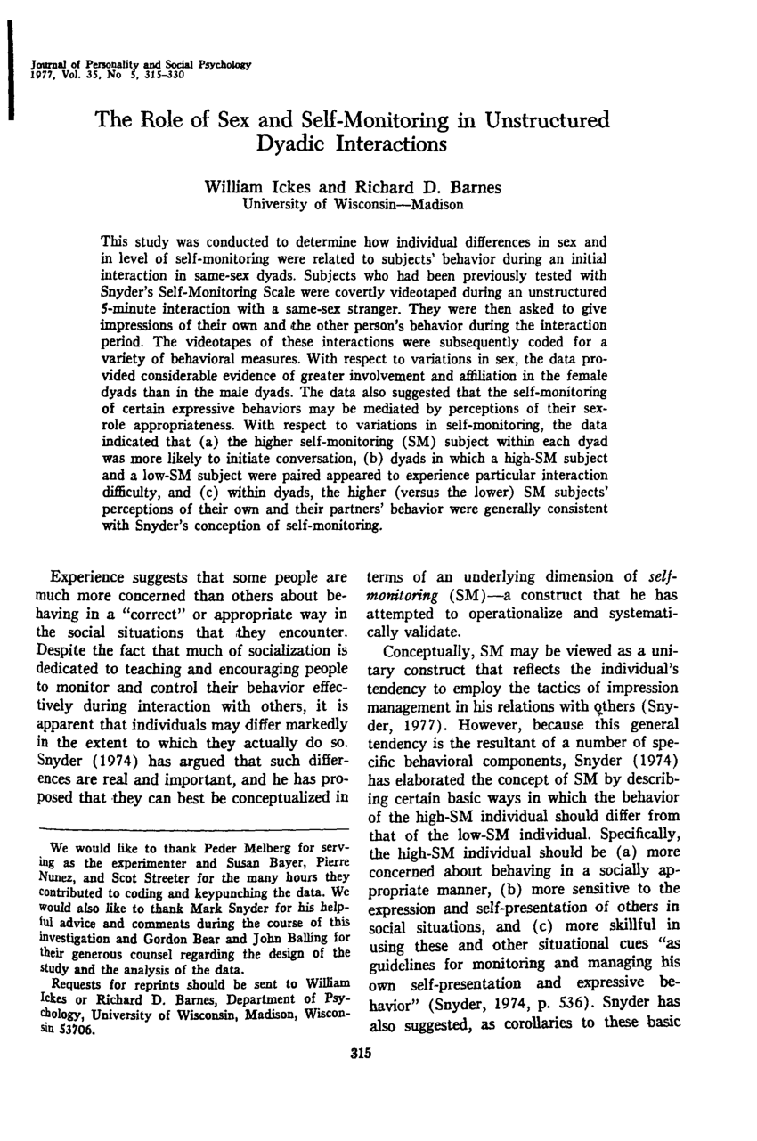 PDF The role of sex and self monitoring in dyadic interactions 