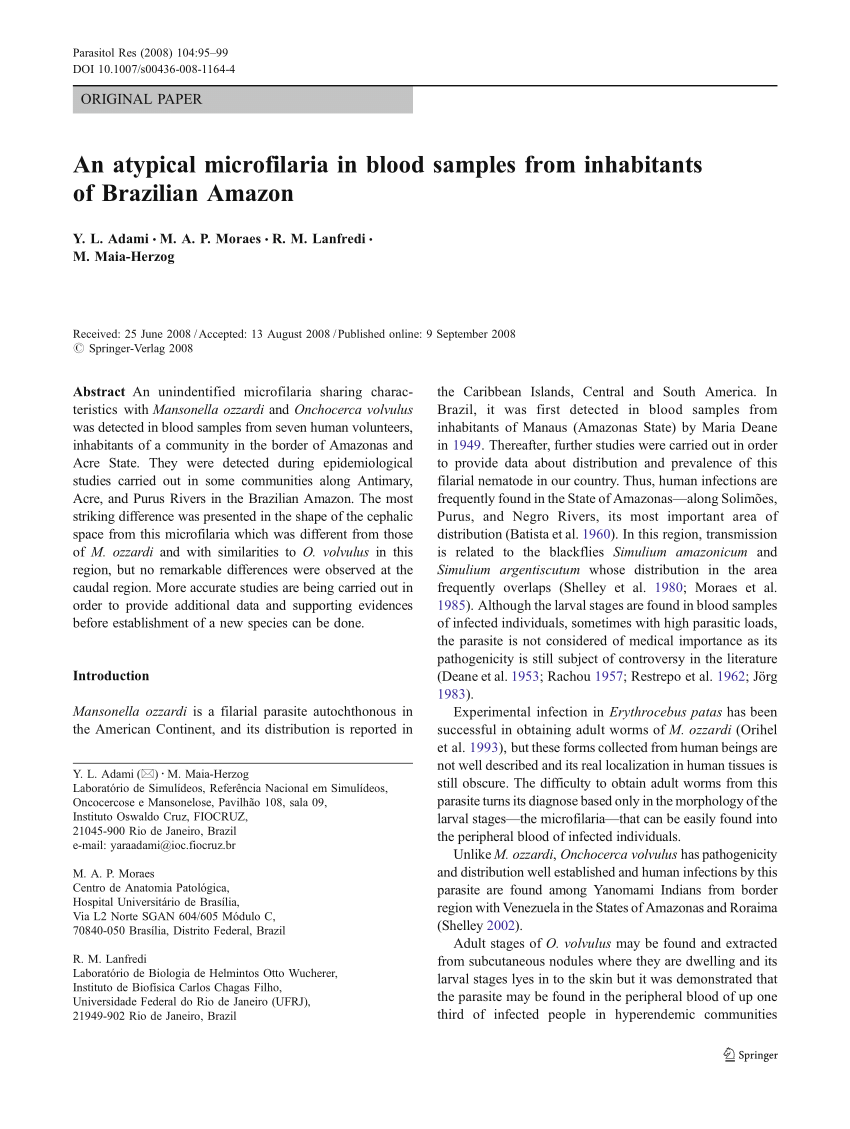 Pdf An Atypical Microfilaria In Blood Samples From Inhabitants Of Brazilian Amazon