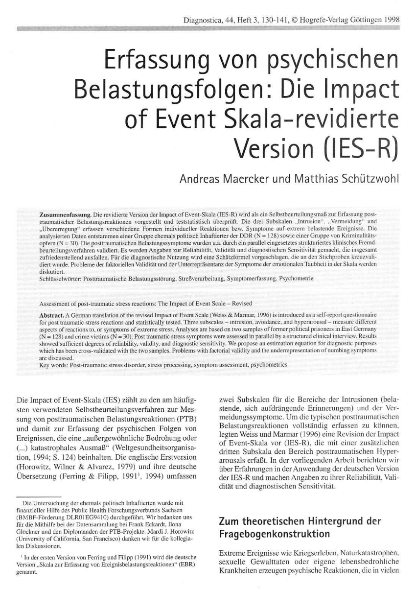 Pdf Erfassung Von Psychischen Belastungsfolgen Die Impact Of Event Skala Revidierte Version Ies R Assessment Of Post Traumatic Stress Reactions The Impact Of Event Scale Revised Ies R