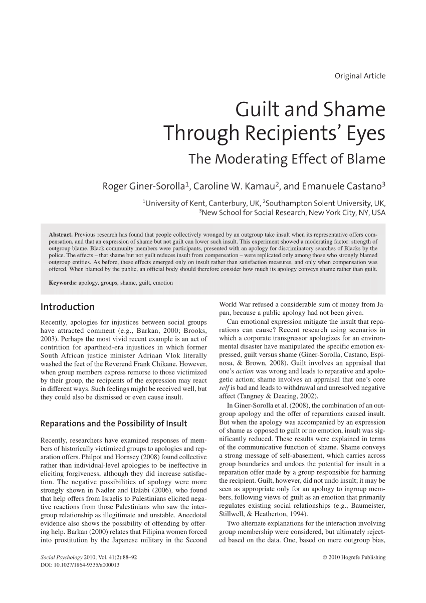 Pdf Guilt And Shame Through Recipients Eyes The Moderating Effect Of Blame