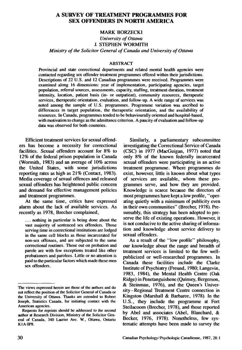 PDF) A survey of treatment programmes for sex offenders in North America