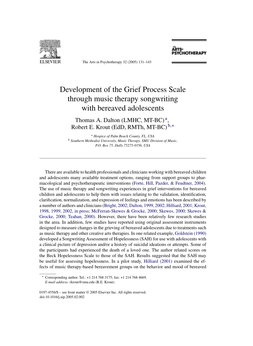 Pdf Development Of The Grief Process Scale Through Music Therapy