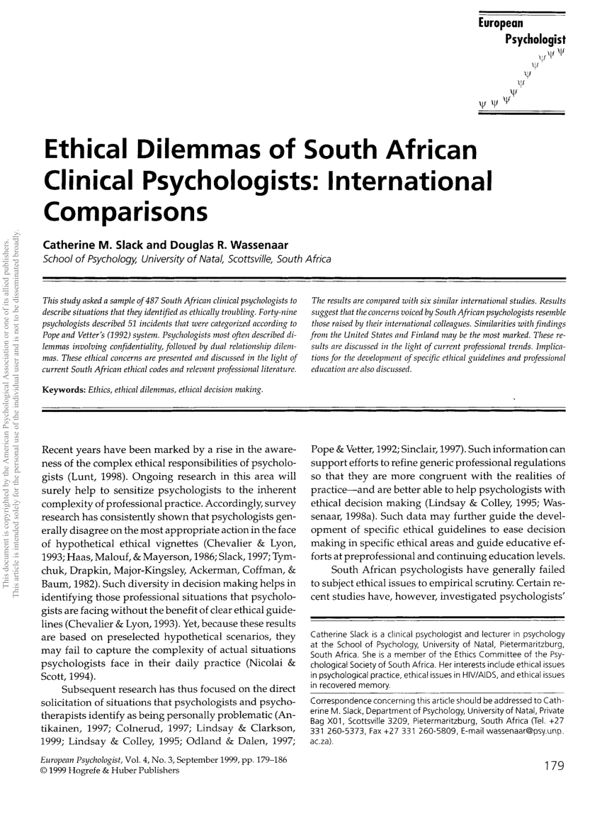 pdf) ethical dilemmas of south african clinical psychologists