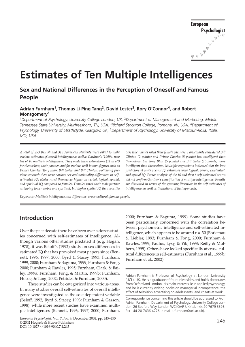 PDF) Estimates of Ten Multiple Intelligences: Sex and National Differences  in the Perception of Oneself and Famous People