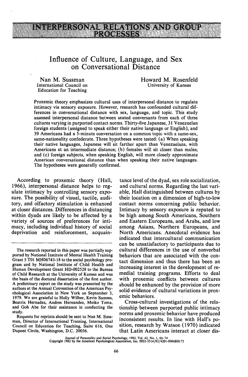 Pdf Influence Of Culture Language And Sex On Conversational Distance 2367