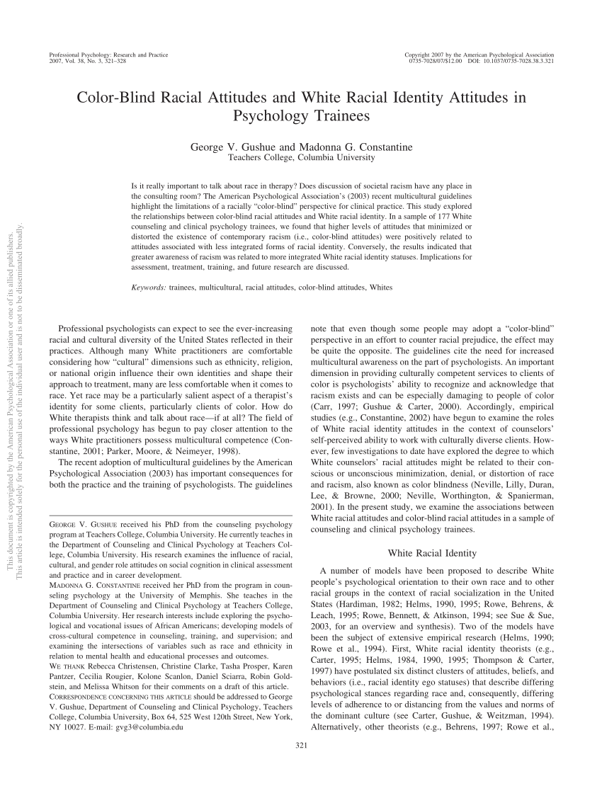 Color Blind Racial Attitudes And White Racial Identity Attitudes In Psychology Trainees 2114