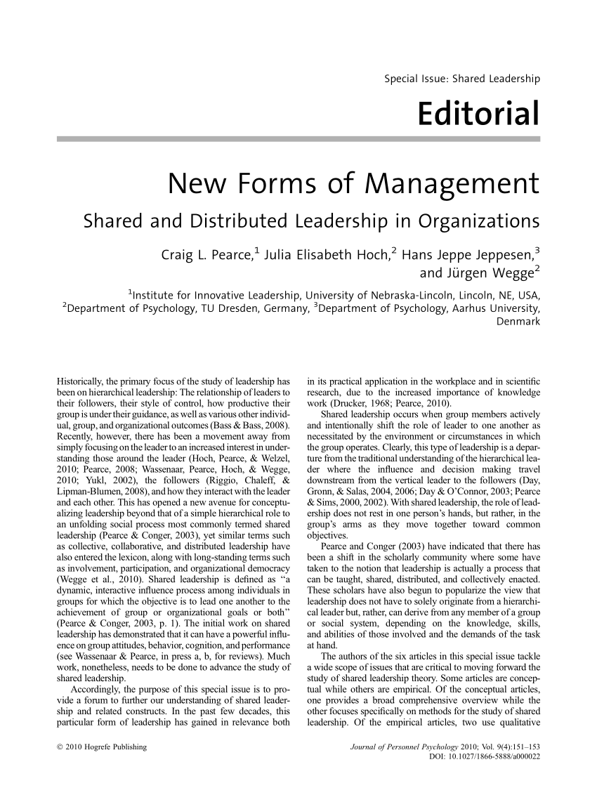 Pdf New Forms Of Management Shared And Distributed Leadership In Organizations