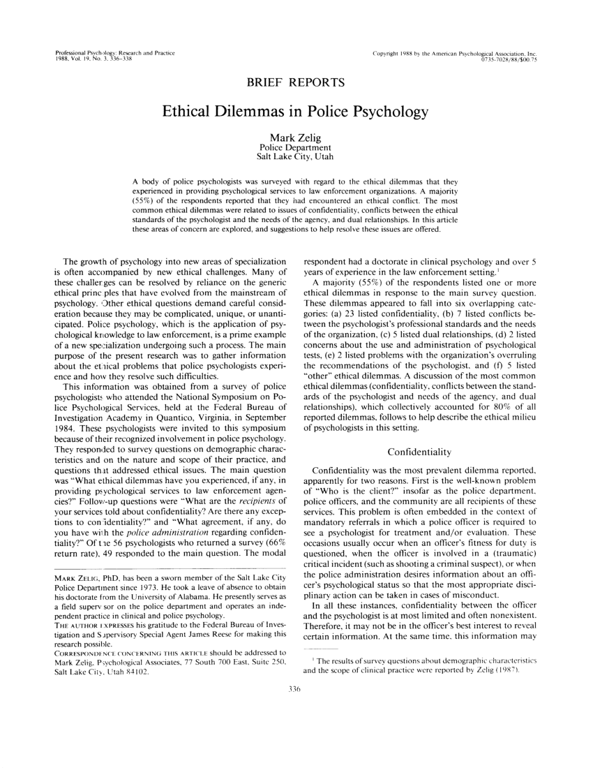 Pdf Ethical Dilemmas In Police Psychology