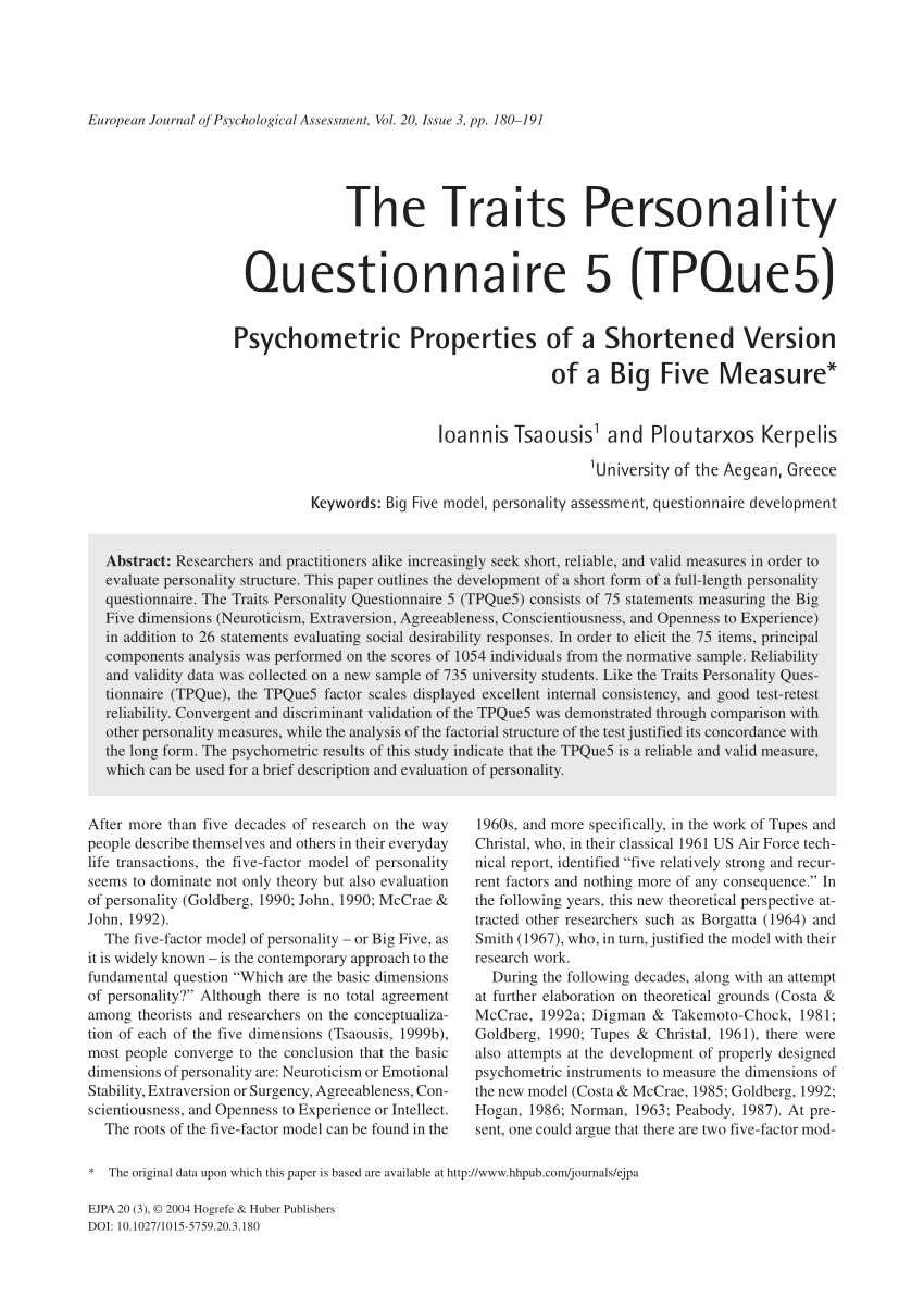 (PDF) The Traits Personality Questionnaire 5 (TPQue5): Psychometric