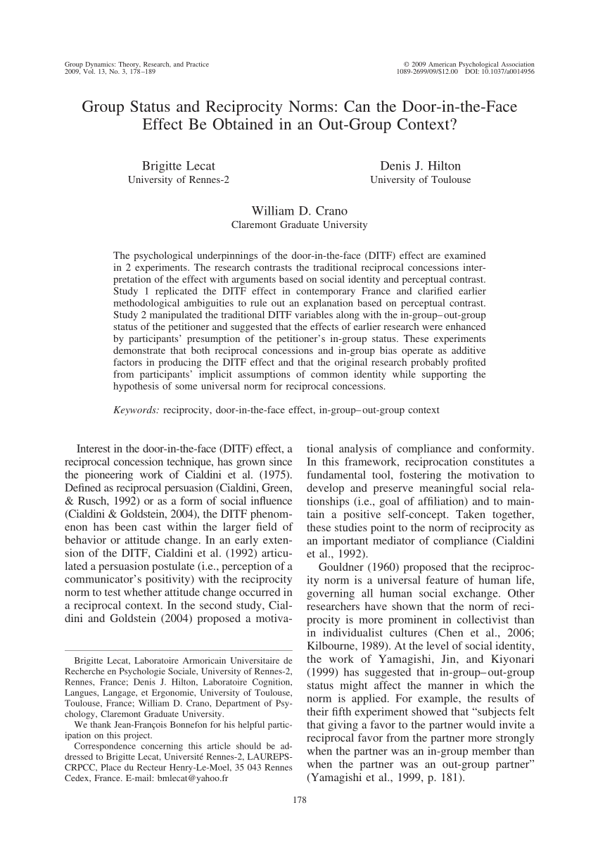 Pdf Group Status And Reciprocity Norms Can The Door In The