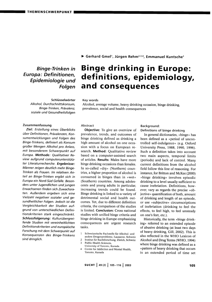 pdf) binge drinking in europe: definitions, epidemiology, and