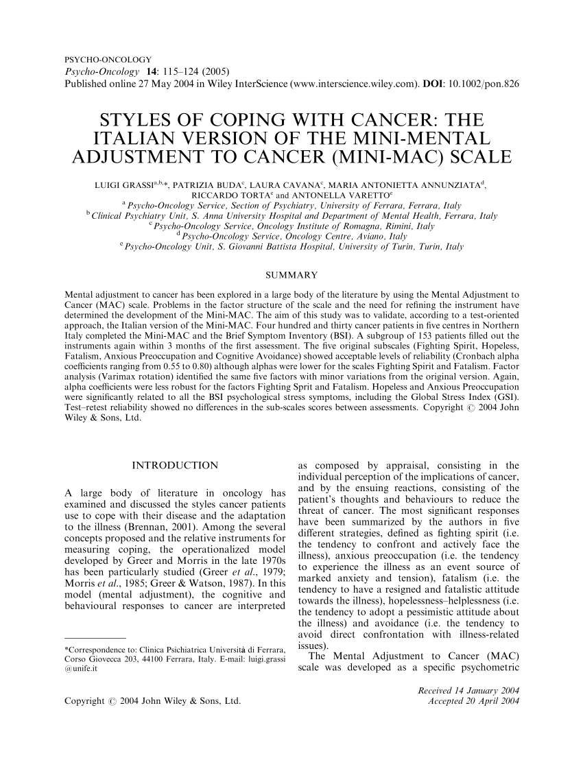 Pdf Italian Version Of The Mental Adjustment To Cancer Mac Scale And Its Application In Psychiatric Oncology