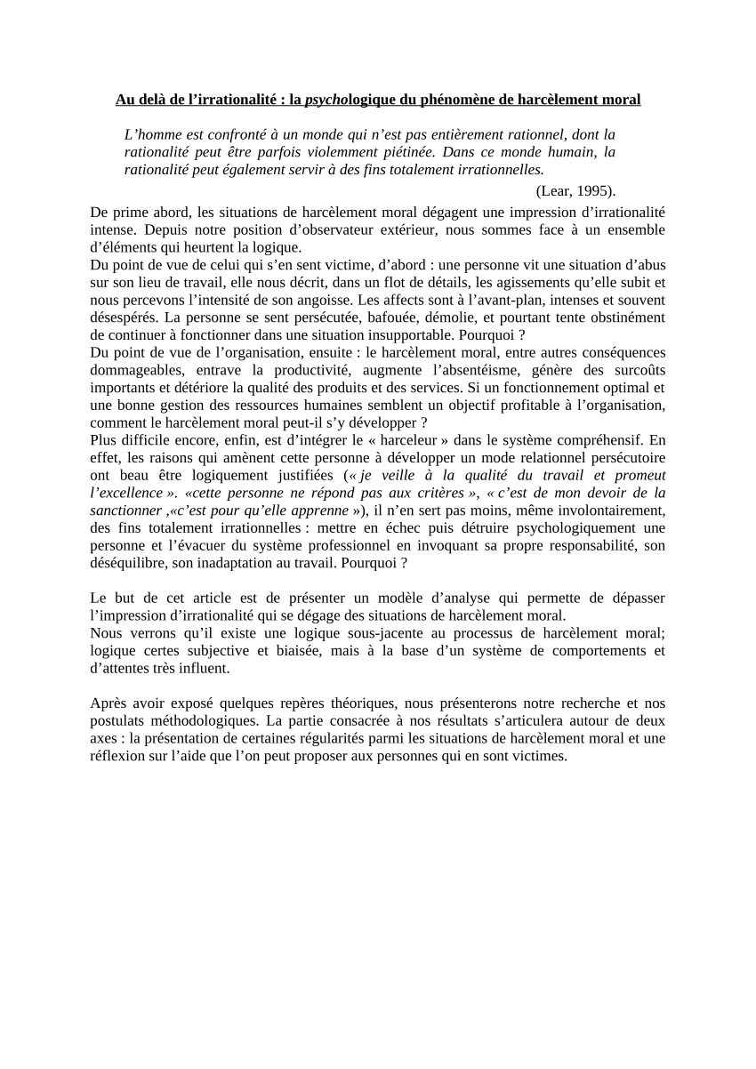 Pdf Au Dela De L Irrationalite Vers Une Psycho Logique Du Phenomene De Harcelement Moral Mobbing Beyond The Irrationality Clinical Intervention With Victims