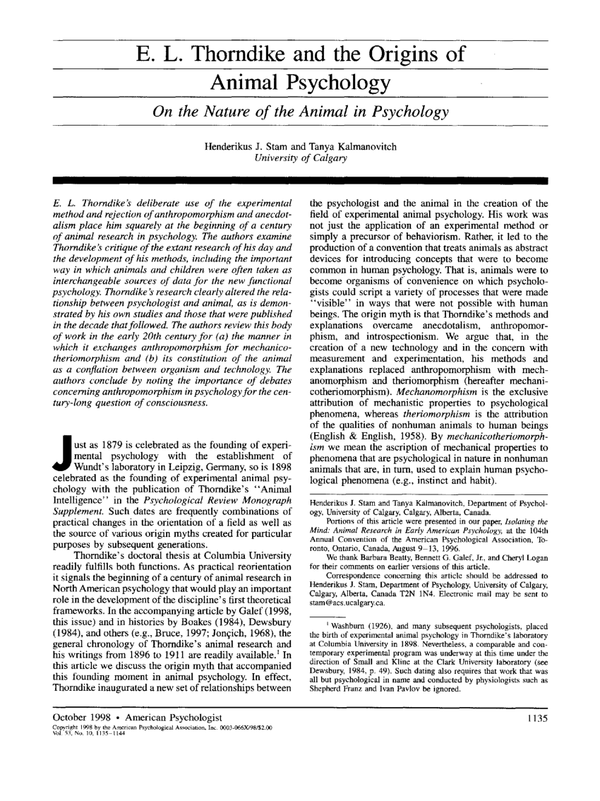 PDF) E. L. Thorndike and the Origins of Animal Psychology: On the Nature of  the Animal in Psychology