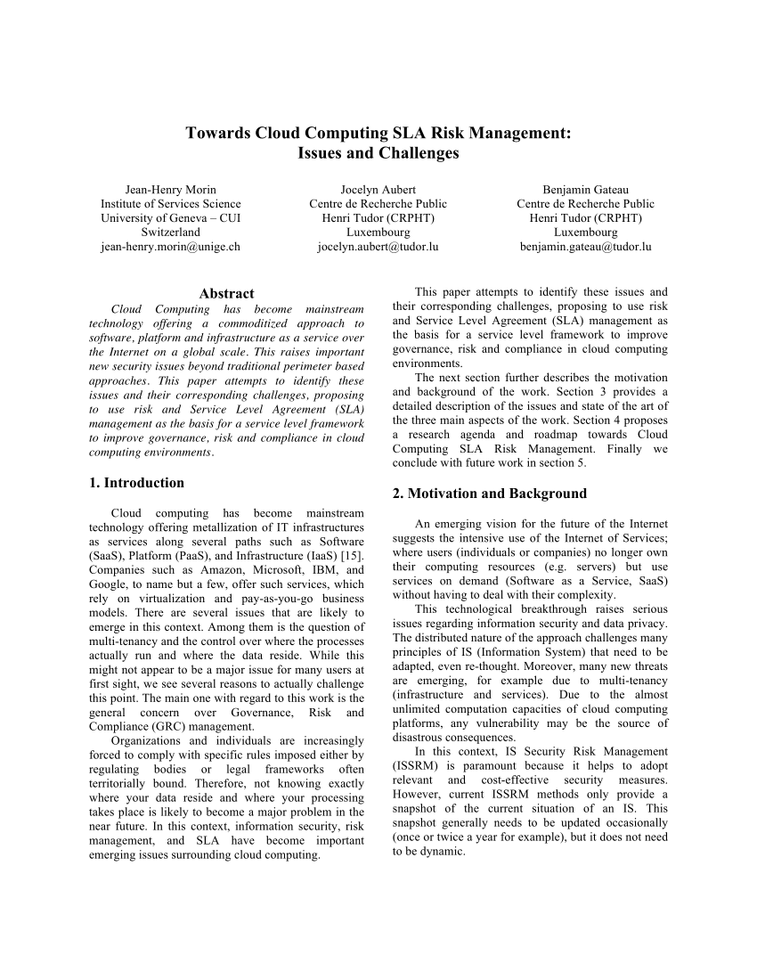 PDF) Towards Cloud Computing SLA Risk Management: Issues and With risk management agreement template