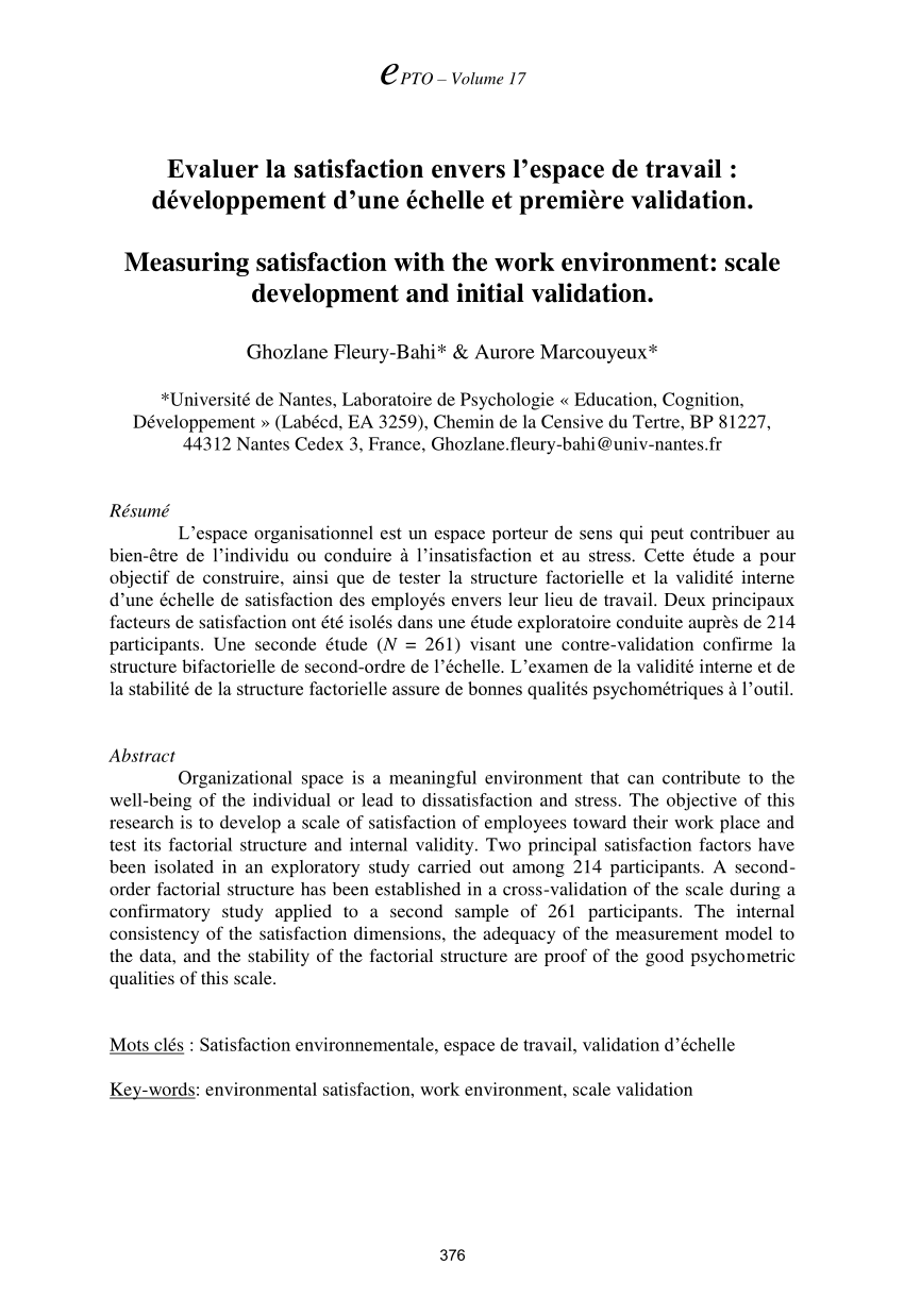 Pdf Evaluer La Satisfaction Envers L Espace De Travail Developpement D Une Echelle Et Premiere Validation Measuring Satisfaction With The Work Environment Scale Development And Initial Validation