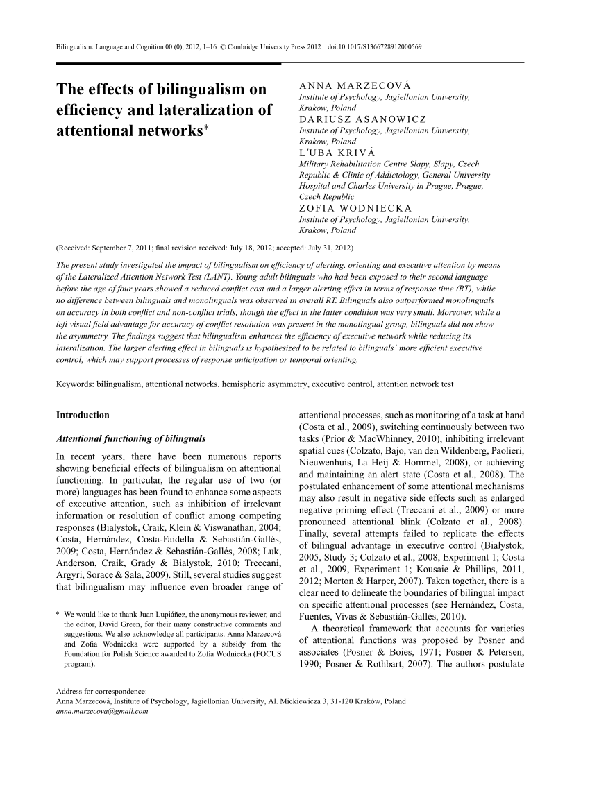 Pdf The Effects Of Bilingualism On Efficiency And Lateralization Of Attentional Networks
