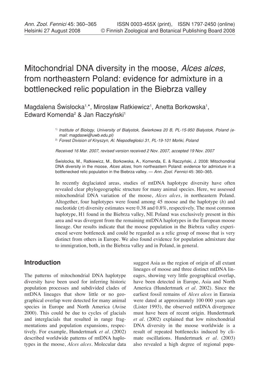 Pdf Mitochondrial Dna Diversity In The Moose Alces Alces From Northeastern Poland Evidence For Admixture In A Bottlenecked Relic Population In The Biebrza Valley