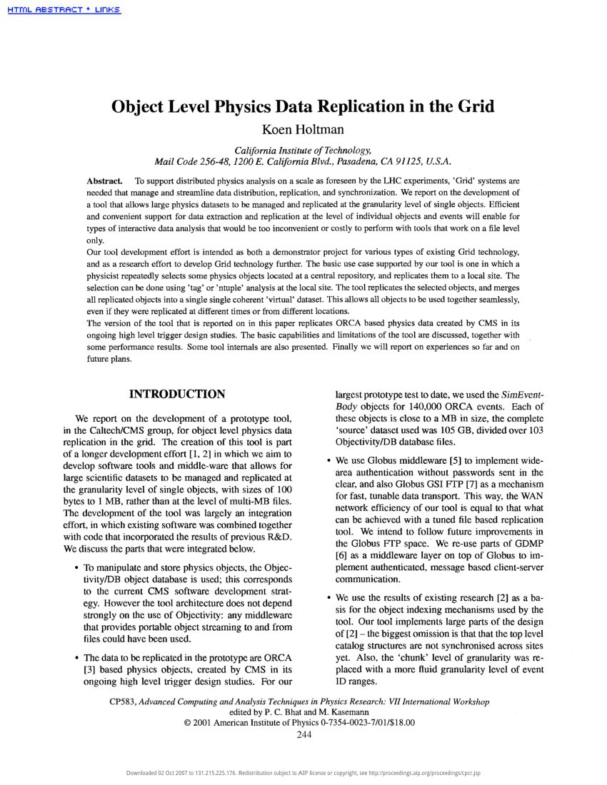 PDF Object Level Physics Data Replication in the Grid