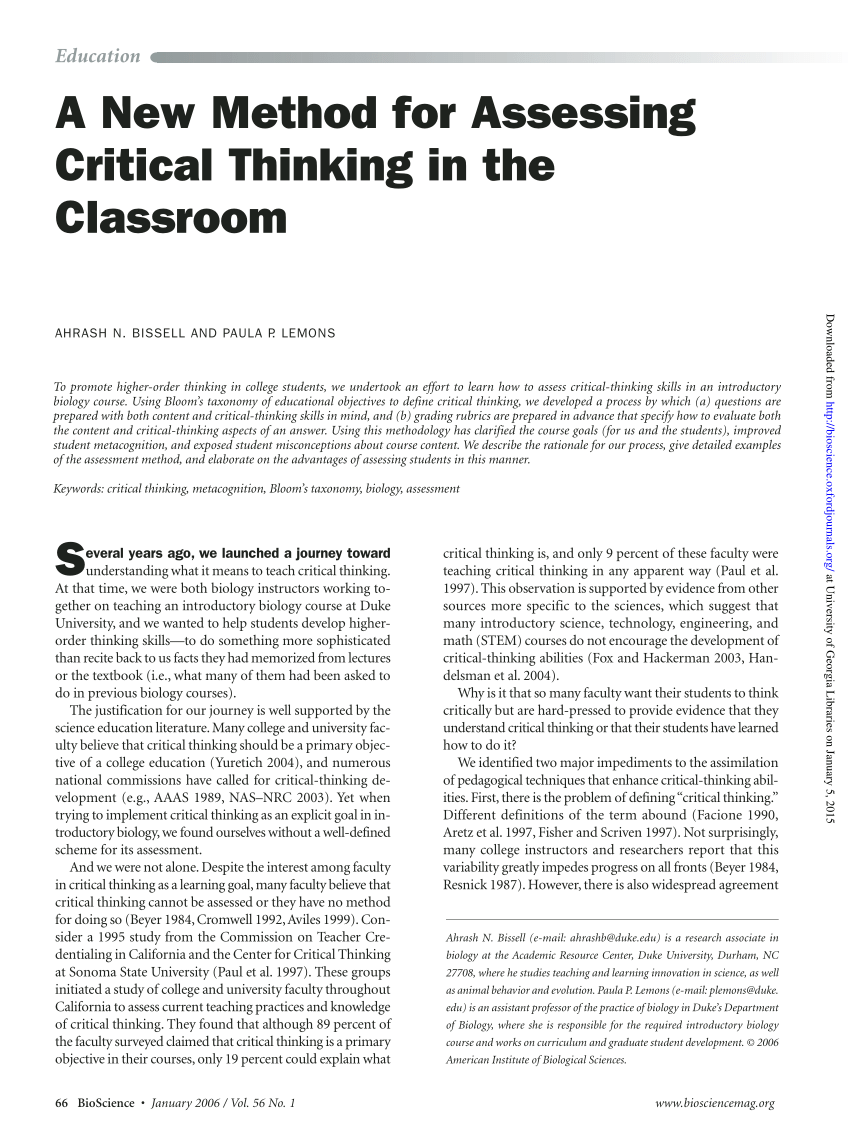 a new method for assessing critical thinking in the classroom