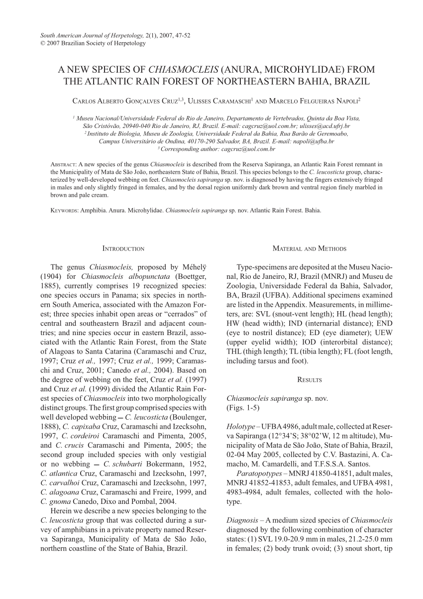 Pdf Cruz C A G U Caramaschi And M F Napoli A New Species Of Chiasmocleis Anura Microhylidae From The Atlantic Rain Forest Of Northeastern Bahia Brazil South American Journal Of Herpetology