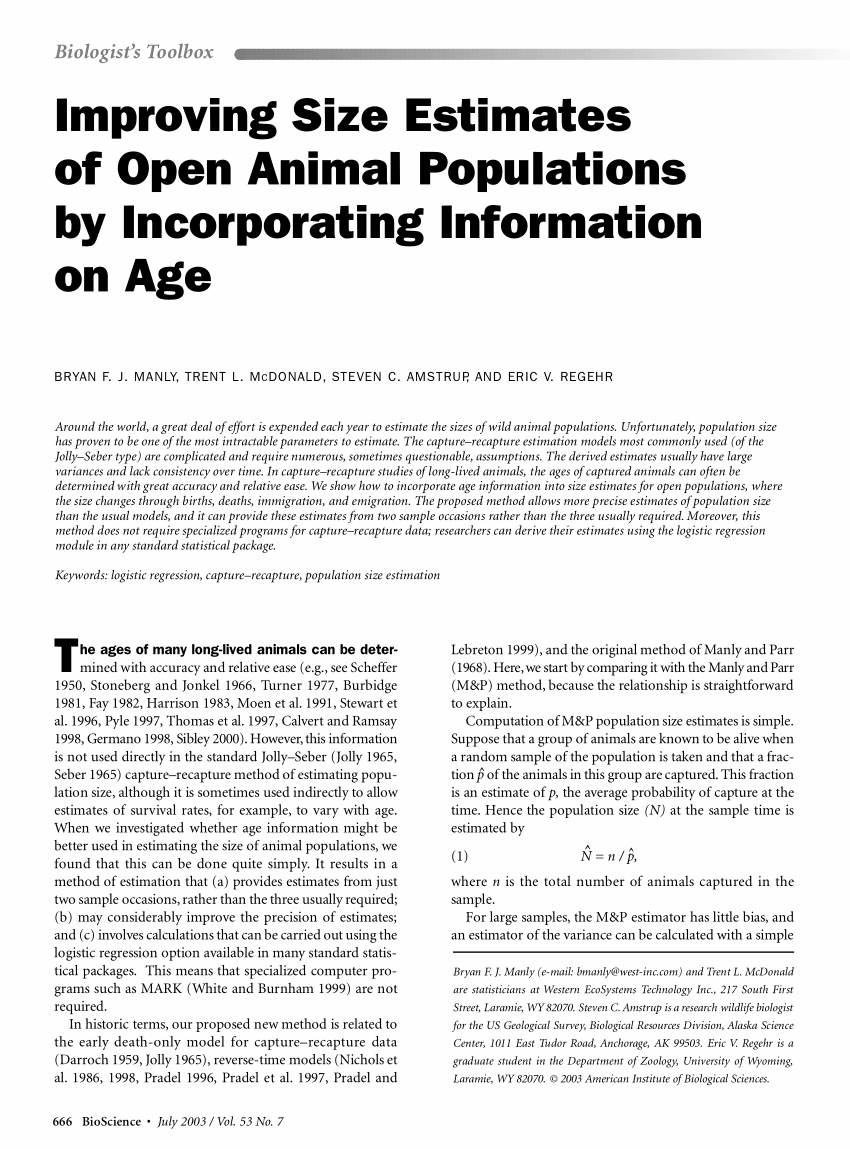 PDF) Improving Size Estimates of Open Animal Populations by Incorporating  Information on Age