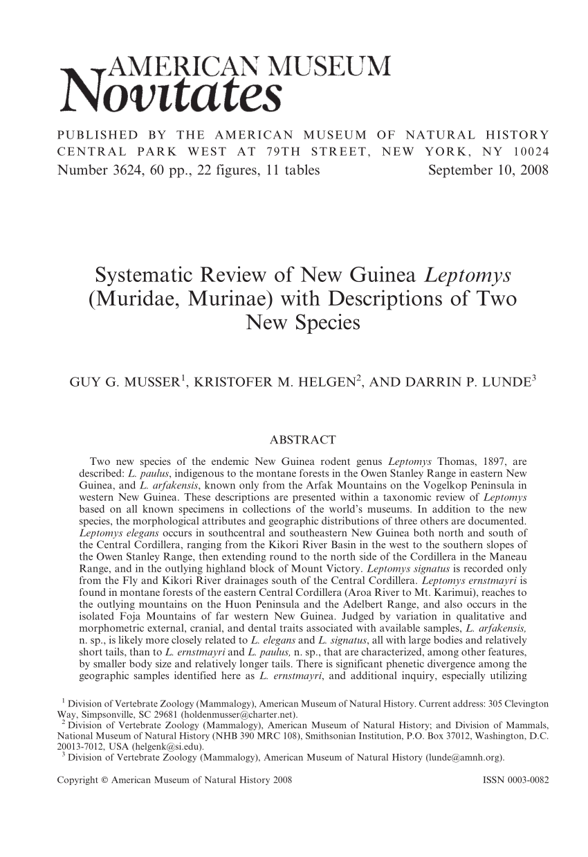 Pdf Systematic Review Of New Guinea Leptomys Muridae Murinae