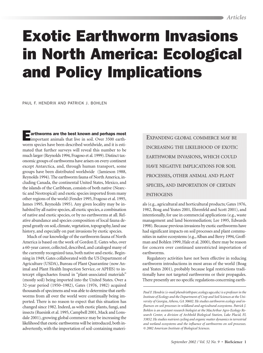 PDF) Exotic Earthworm Invasions in North America: Ecological and Policy  Implications