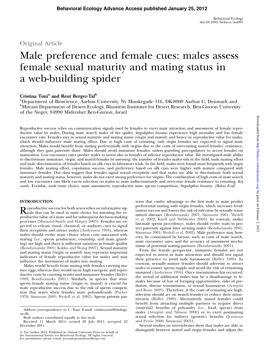 Pdf Male Preference And Female Cues Males Assess Female Sexual Maturity And Mating Status In