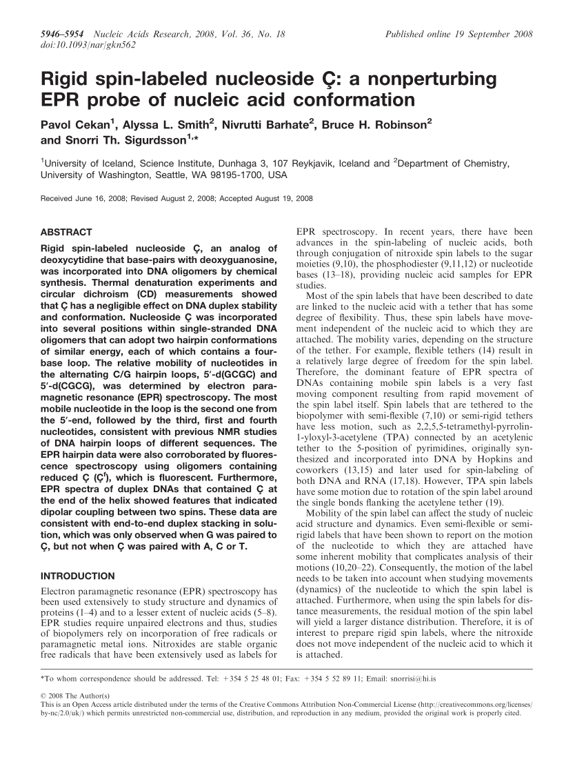Pdf Rigid Spin Labeled Nucleoside C A Nonperturbing Epr Probe Of Nucleic Acid Conformation
