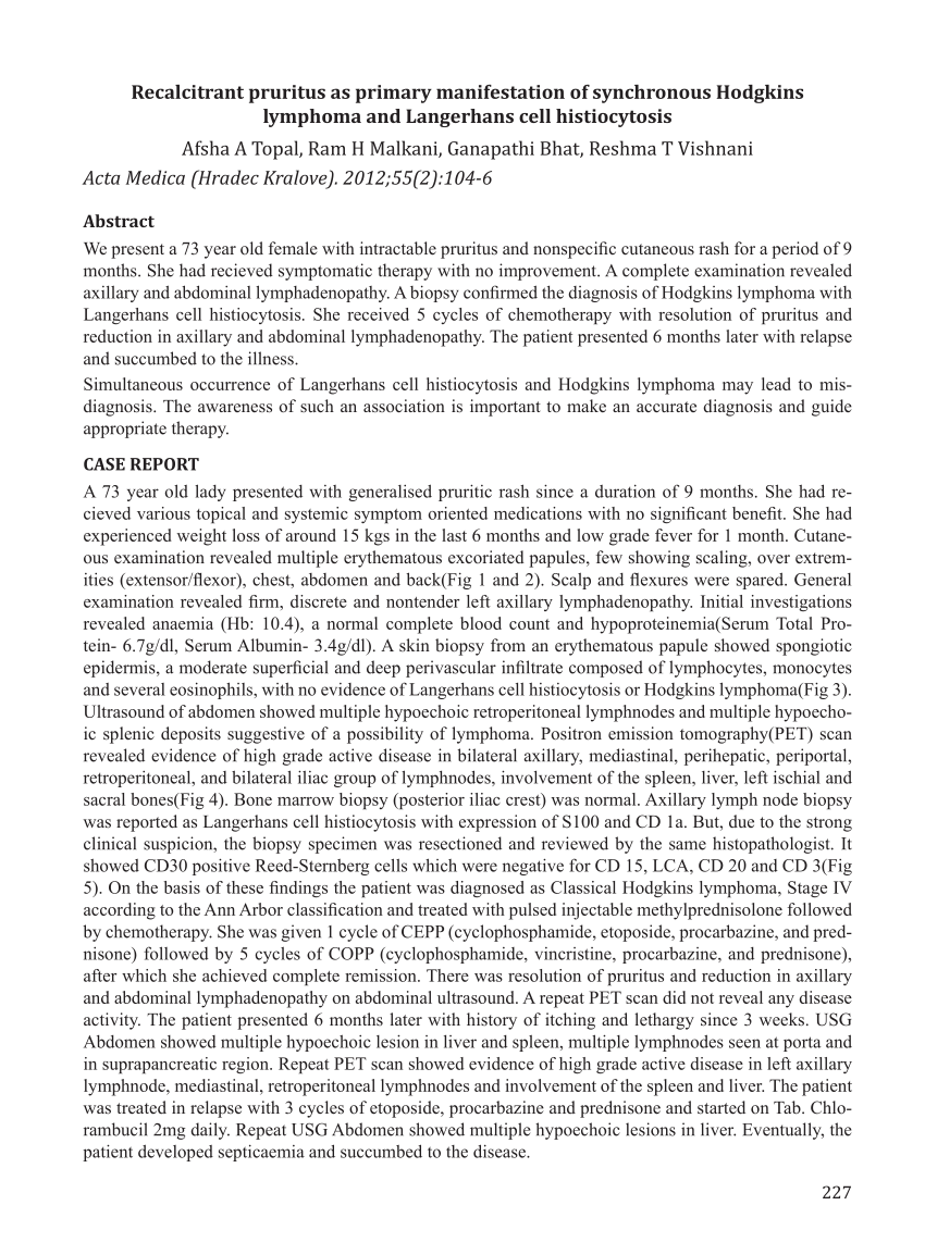 Pdf Recalcitrant Pruritus As Primary Manifestation Of Synchronous Hodgkins Lymphoma And 