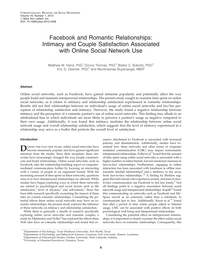 Pdf Facebook And Romantic Relationships Intimacy And Couple Satisfaction Associated With Online Social Network Use