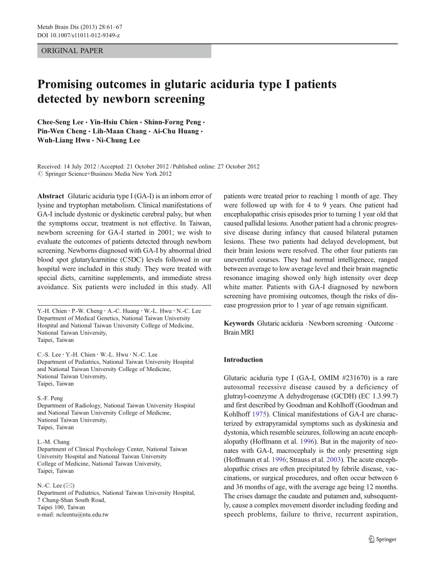 PDF) Promising outcomes in glutaric aciduria type I patients 