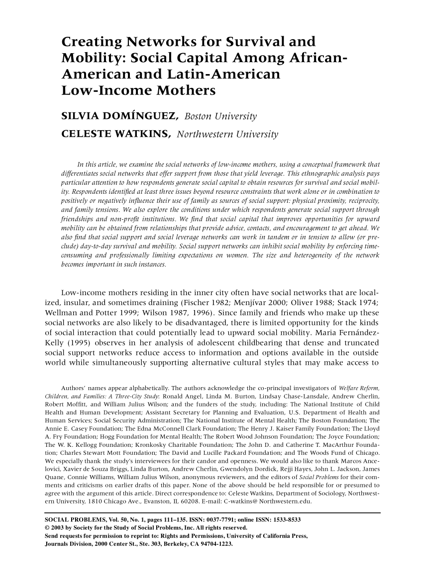 Pdf Creating Networks For Survival And Mobility Social Capital Among African American And Latin American Low Income Mothers