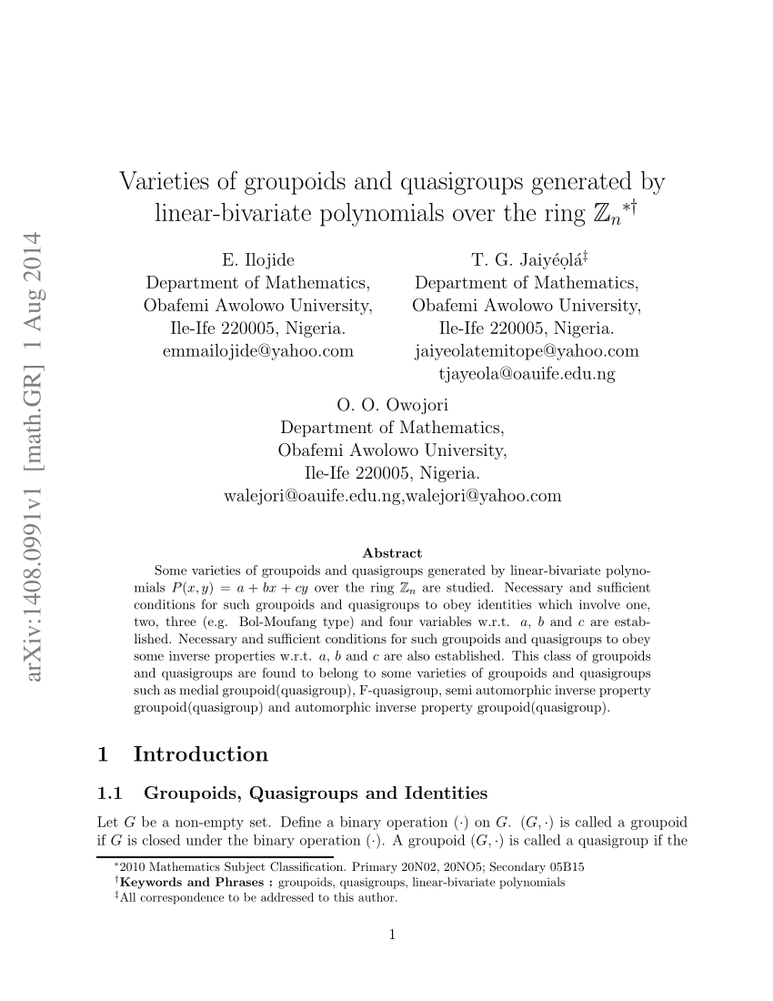 PDF) Varieties of groupoids and quasigroups generated by linear 