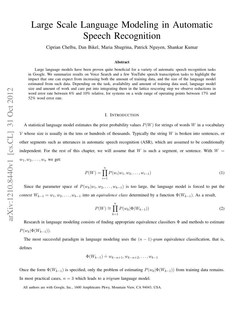 PDF Large Scale Language Modeling In Automatic Speech Recognition