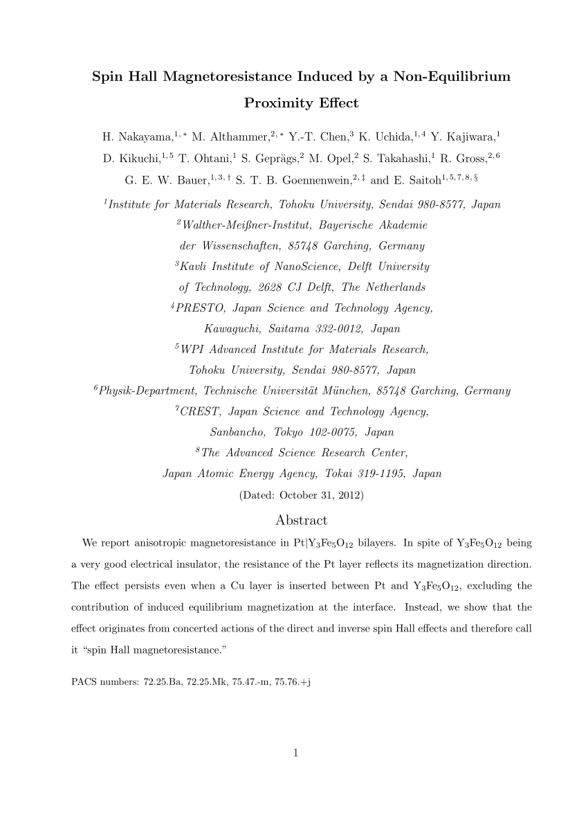 Pdf Spin Hall Magnetoresistance Induced By A Non Equilibrium Proximity Effect